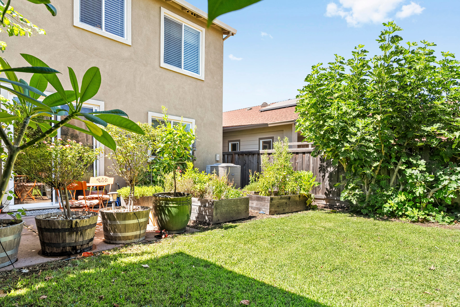 Backyard patio with potted plants and a green lawn